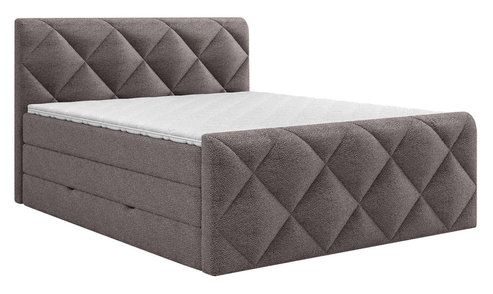 Boxspringbett in seitlicher Perspektive mit grauem, gestepptem Kopf- und Fußteil.