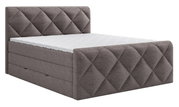 Boxspringbed in zijaanzicht met grijze, doorgestikte hoofd- en voeteneinde.