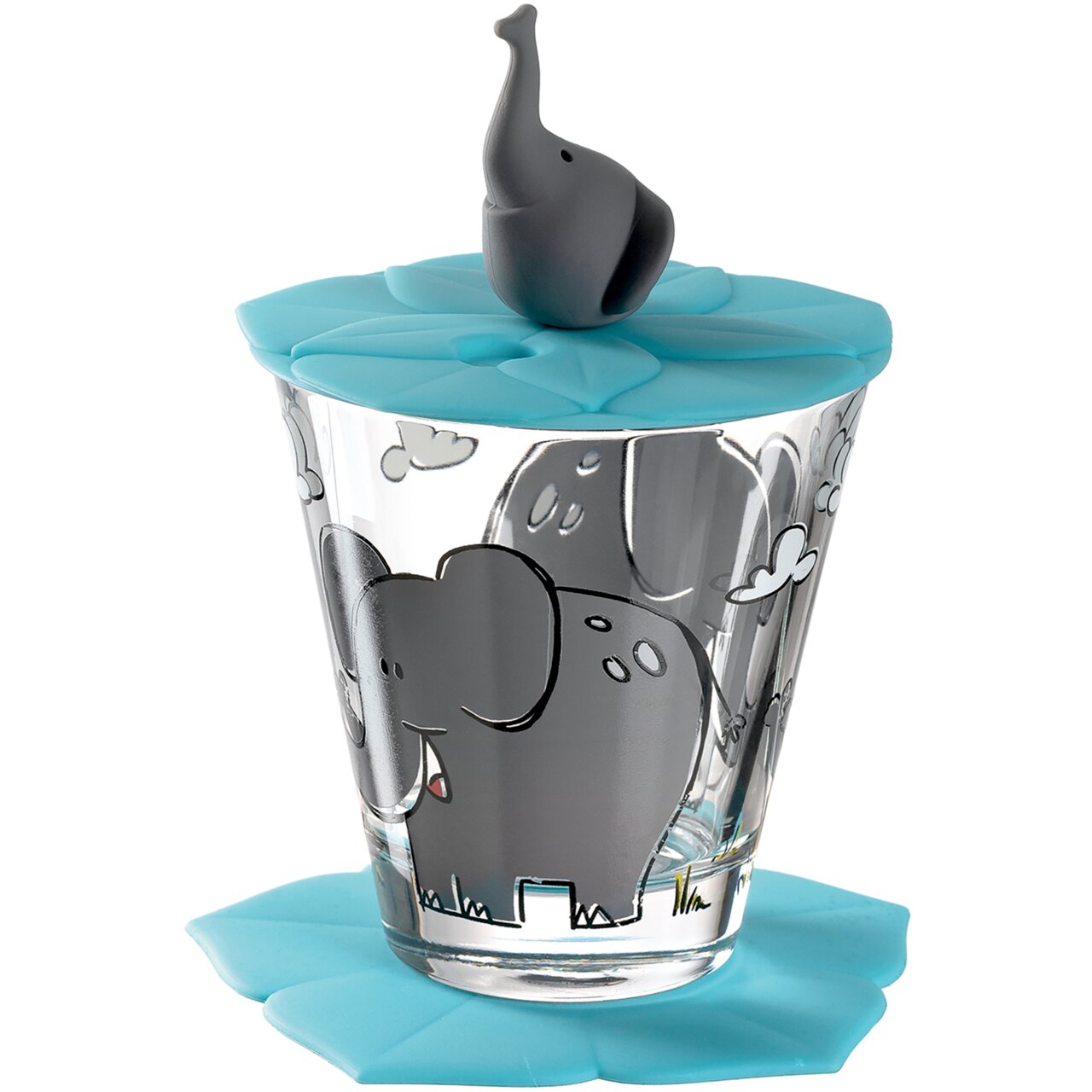 Leonardo Kinderdrinkset, 3-delig, olifant Kindertrinkset mit Elefantenmotiv, bestehend aus einem Glas mit blauem Deckel und Elefantenfigur, seitliche Perspektive