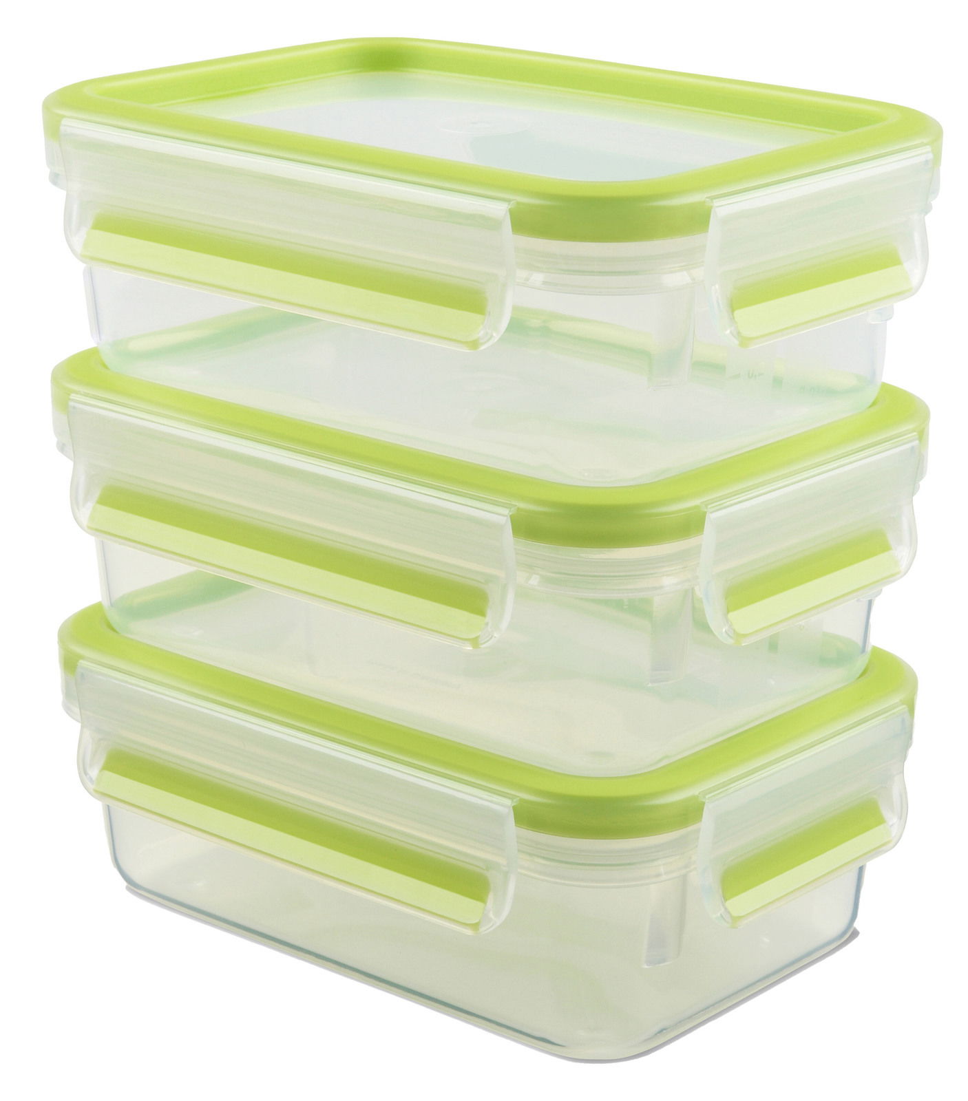 Dreier-Set von transparenten Frischhaltedosen mit grünen Deckeln und Clip-Verschlüssen, seitliche Perspektive