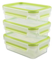 Dreier-Set von transparenten Frischhaltedosen mit grünen Deckeln und Clip-Verschlüssen, seitliche Perspektive