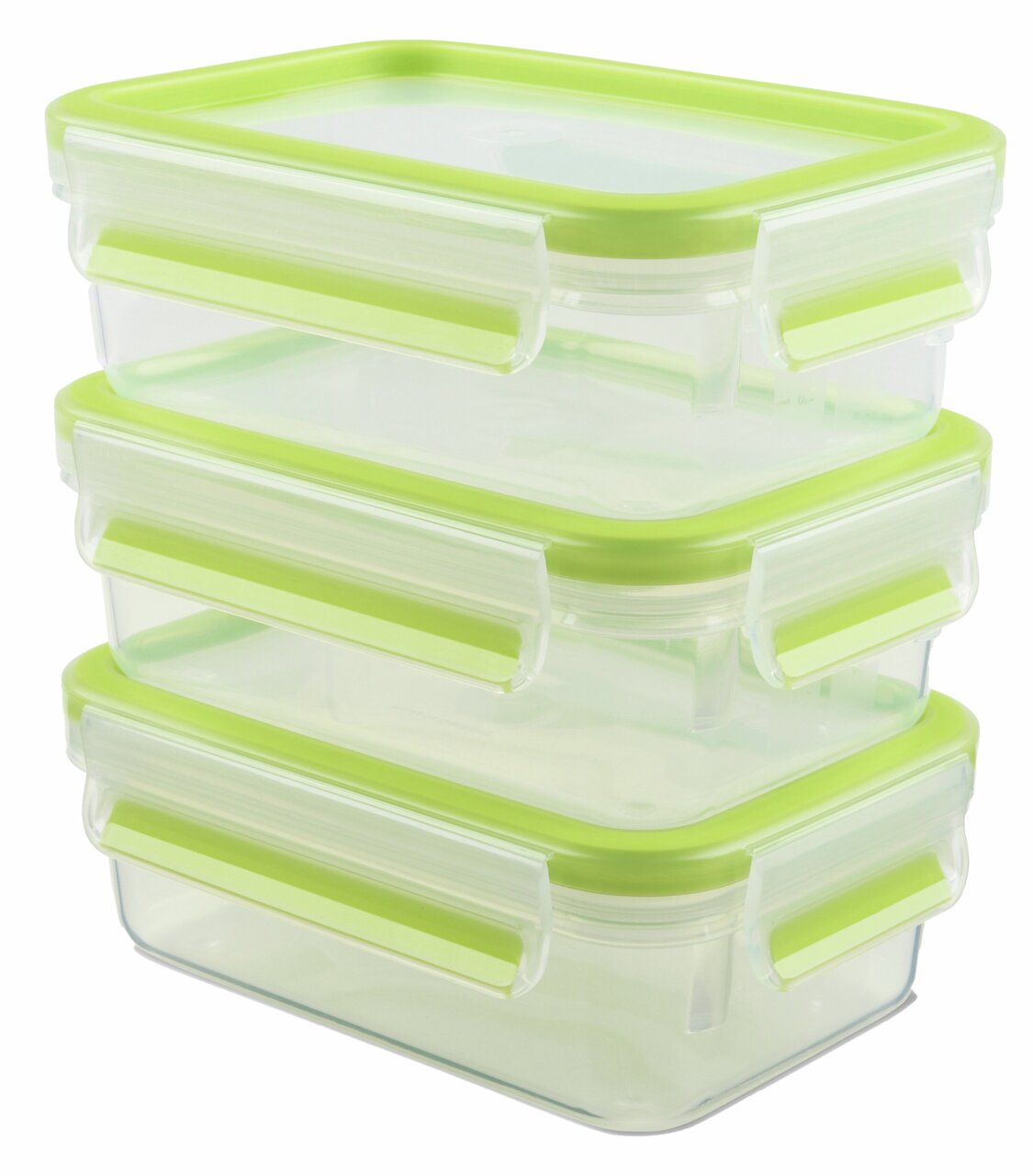 Dreier-Set von transparenten Frischhaltedosen mit grünen Deckeln und Clip-Verschlüssen, seitliche Perspektive