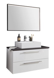 Moderne Badkombination mit rechteckigem Spiegel, Waschbecken und Unterschrank in Frontalansicht.