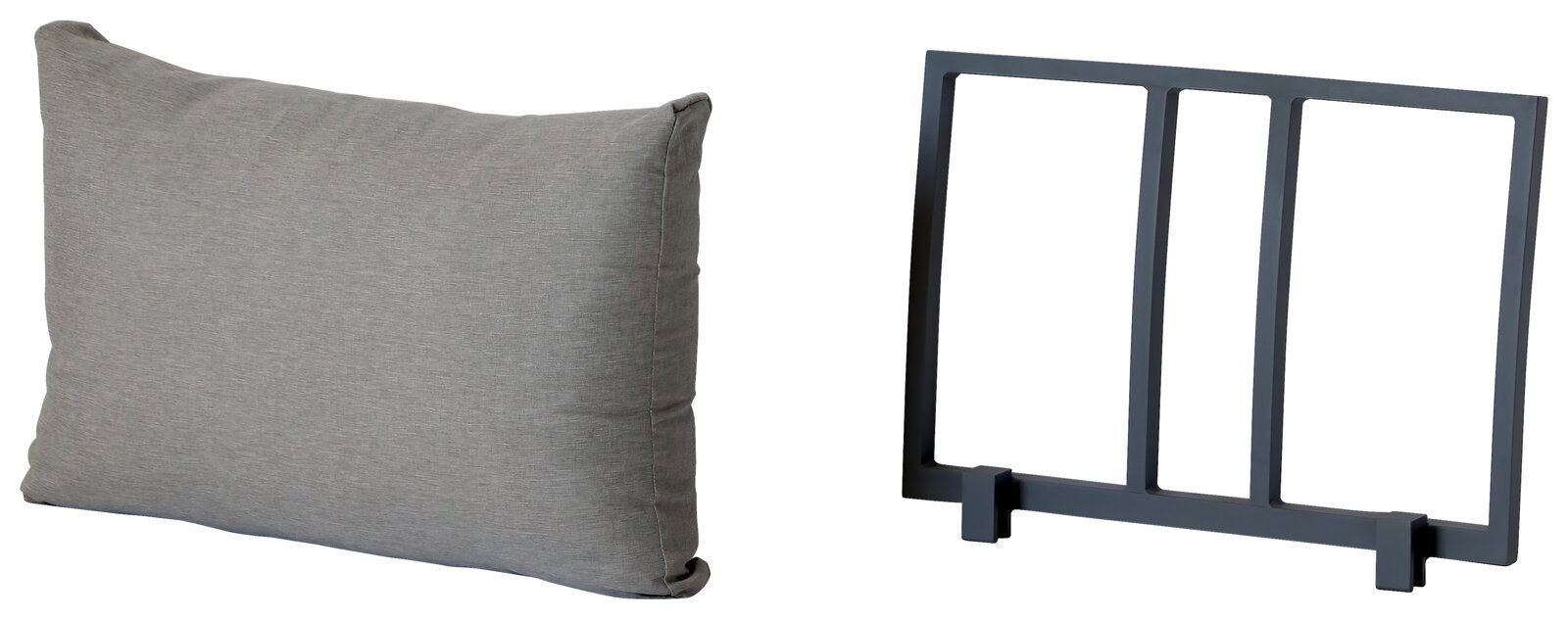 Graues Kissen und schwarze Rückenlehne, seitliche Perspektive