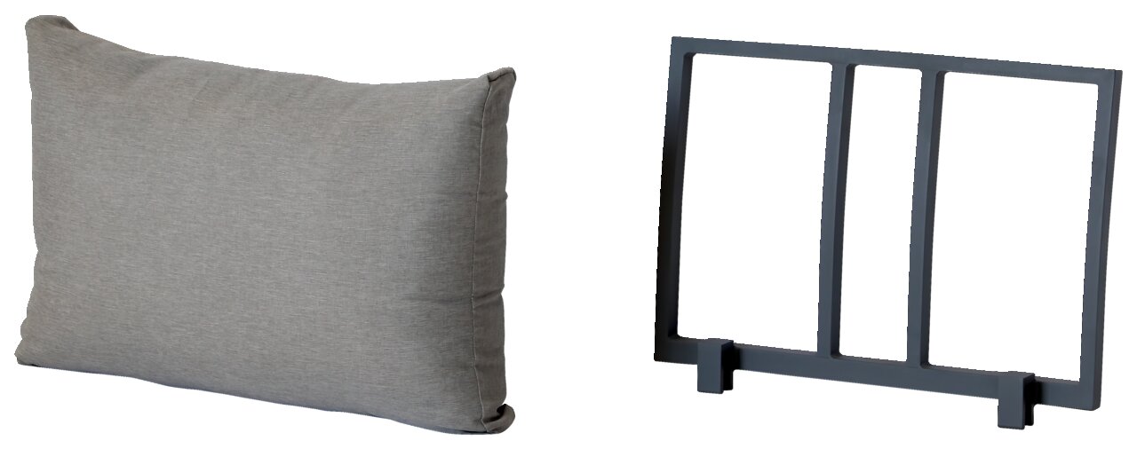 Graues Kissen und schwarze Rückenlehne, seitliche Perspektive