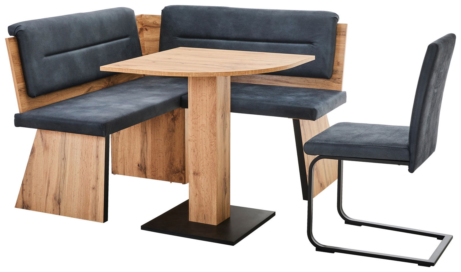 Eckbankgruppe aus Holz mit dunkelgrauen Polstern, bestehend aus einer Eckbank und einem Stuhl, seitliche Perspektive