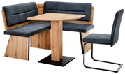Houten hoekbankstel met donkergrijze bekleding, bestaande uit een hoekbank en een stoel, zijaanzicht