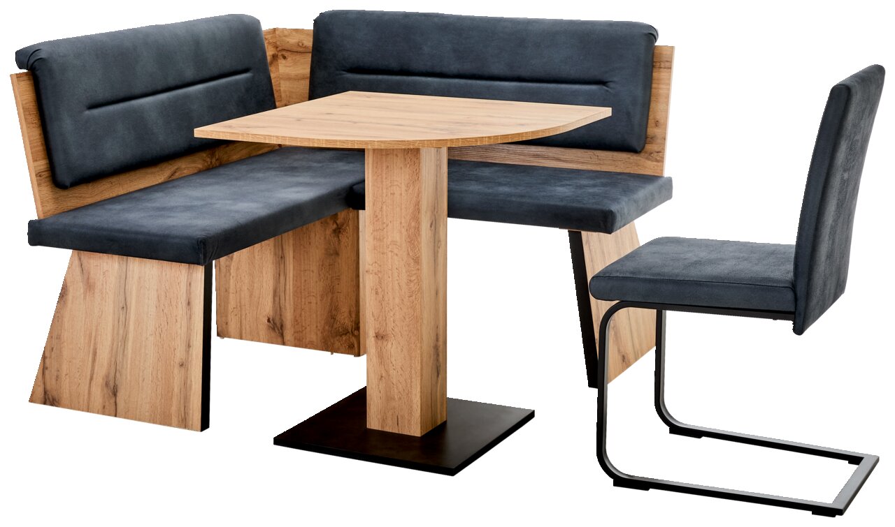 Houten hoekbankstel met donkergrijze bekleding, bestaande uit een hoekbank en een stoel, zijaanzicht
