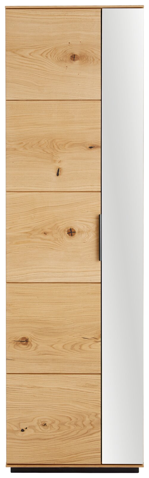 Frontansicht eines Garderobenschranks mit Holztüren und einem integrierten Spiegel auf der rechten Seite.