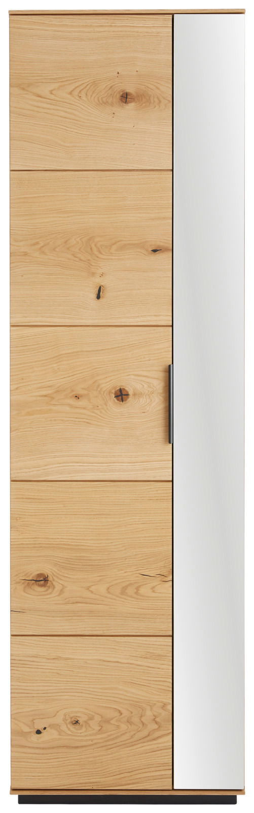 Frontansicht eines Garderobenschranks mit Holztüren und einem integrierten Spiegel auf der rechten Seite.
