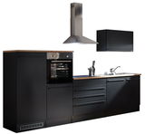 Moderne Küchenzeile in schwarzem Design mit Holzarbeitsplatte, integriertem Backofen und Dunstabzugshaube, seitliche Perspektive.