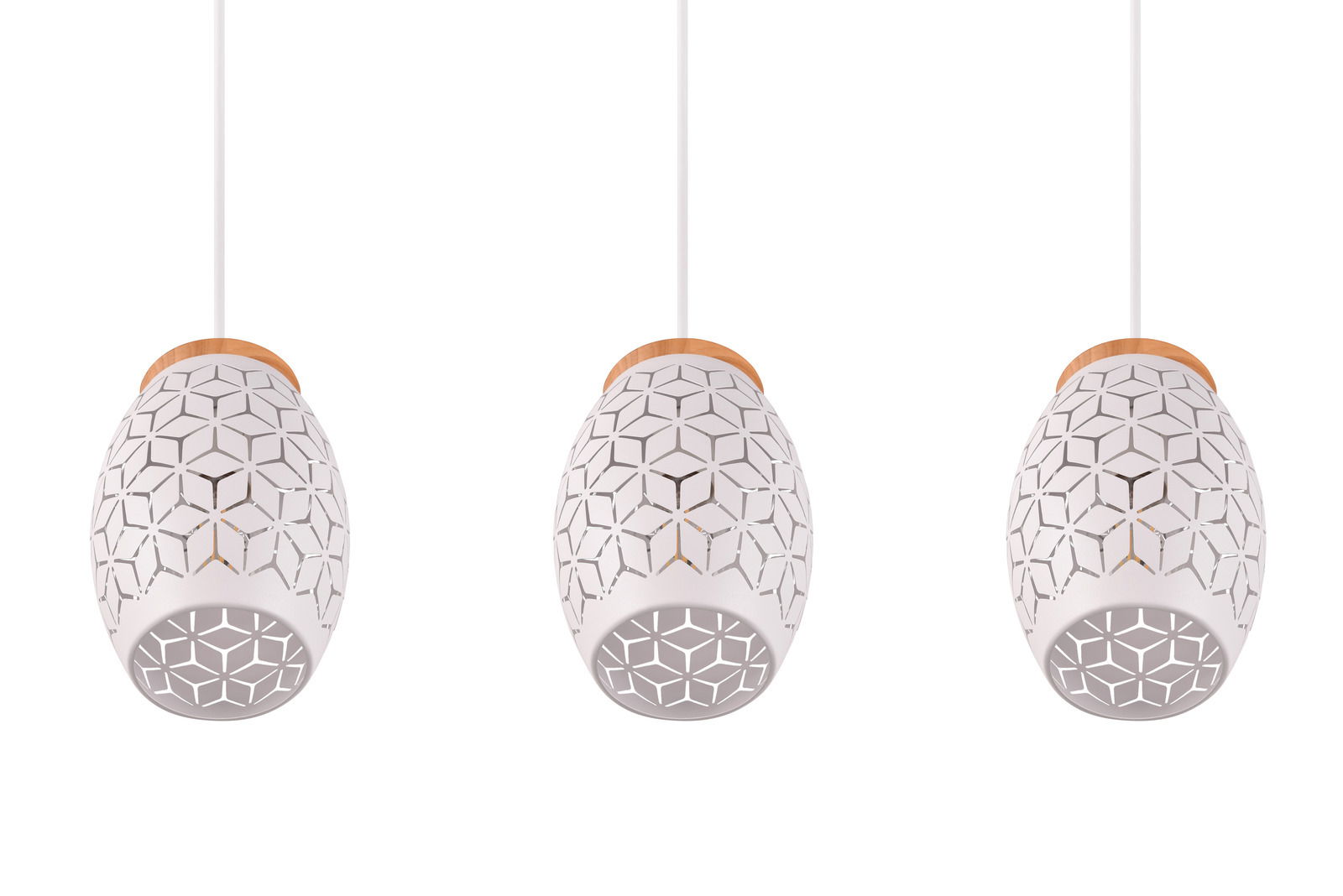 Drei moderne Pendelleuchten mit geometrischem Muster, aus der Vorderansicht fotografiert.