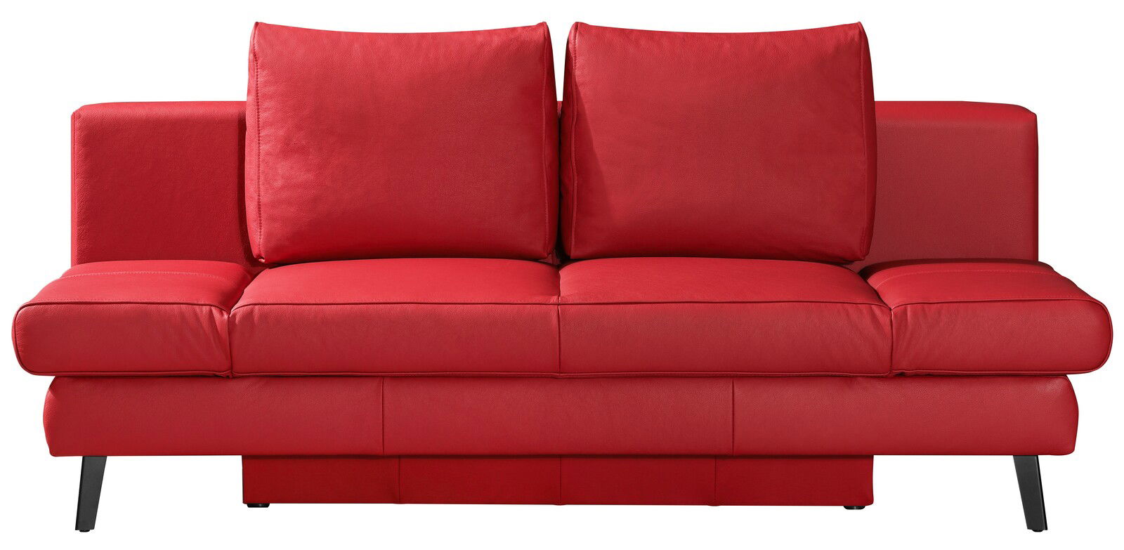 Rotes Querschläfer-Sofa in Frontalansicht mit zwei großen Rückenkissen und schwarzen Beinen.
