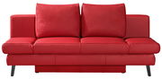 Rotes Querschläfer-Sofa in Frontalansicht mit zwei großen Rückenkissen und schwarzen Beinen.