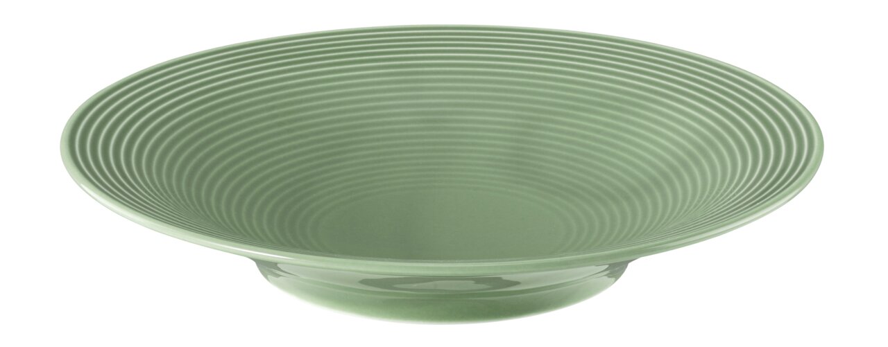 Suppenteller in Salbeigrün mit geriffeltem Design, Ansicht von oben.