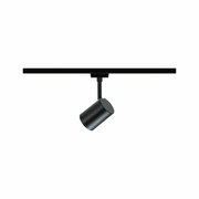 Schwarzer Schienenspot Luxe in seitlicher Perspektive, montiert an einer Schiene.