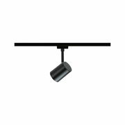 Schwarzer Schienenspot Luxe in seitlicher Perspektive, montiert an einer Schiene.