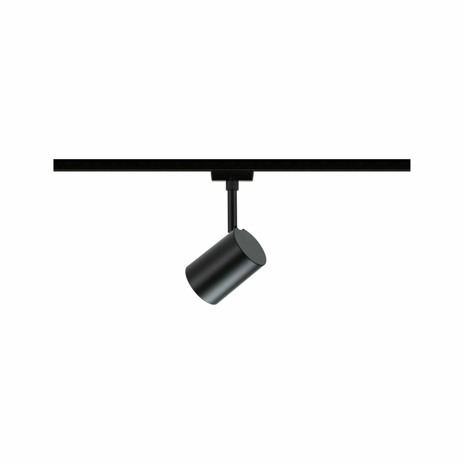 Schwarzer Schienenspot Luxe in seitlicher Perspektive, montiert an einer Schiene.