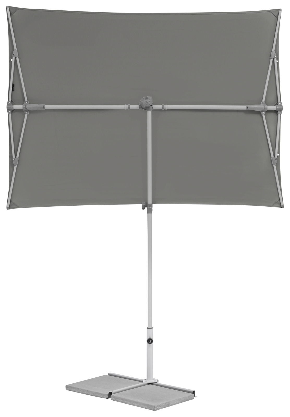 Moderner grauer Sonnenschirm mit rechteckigem Schirm und stabilem Standfuß, Rückansicht