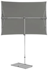 Moderner grauer Sonnenschirm mit rechteckigem Schirm und stabilem Standfuß, Rückansicht