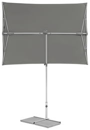 Moderner grauer Sonnenschirm mit rechteckigem Schirm und stabilem Standfuß, Rückansicht