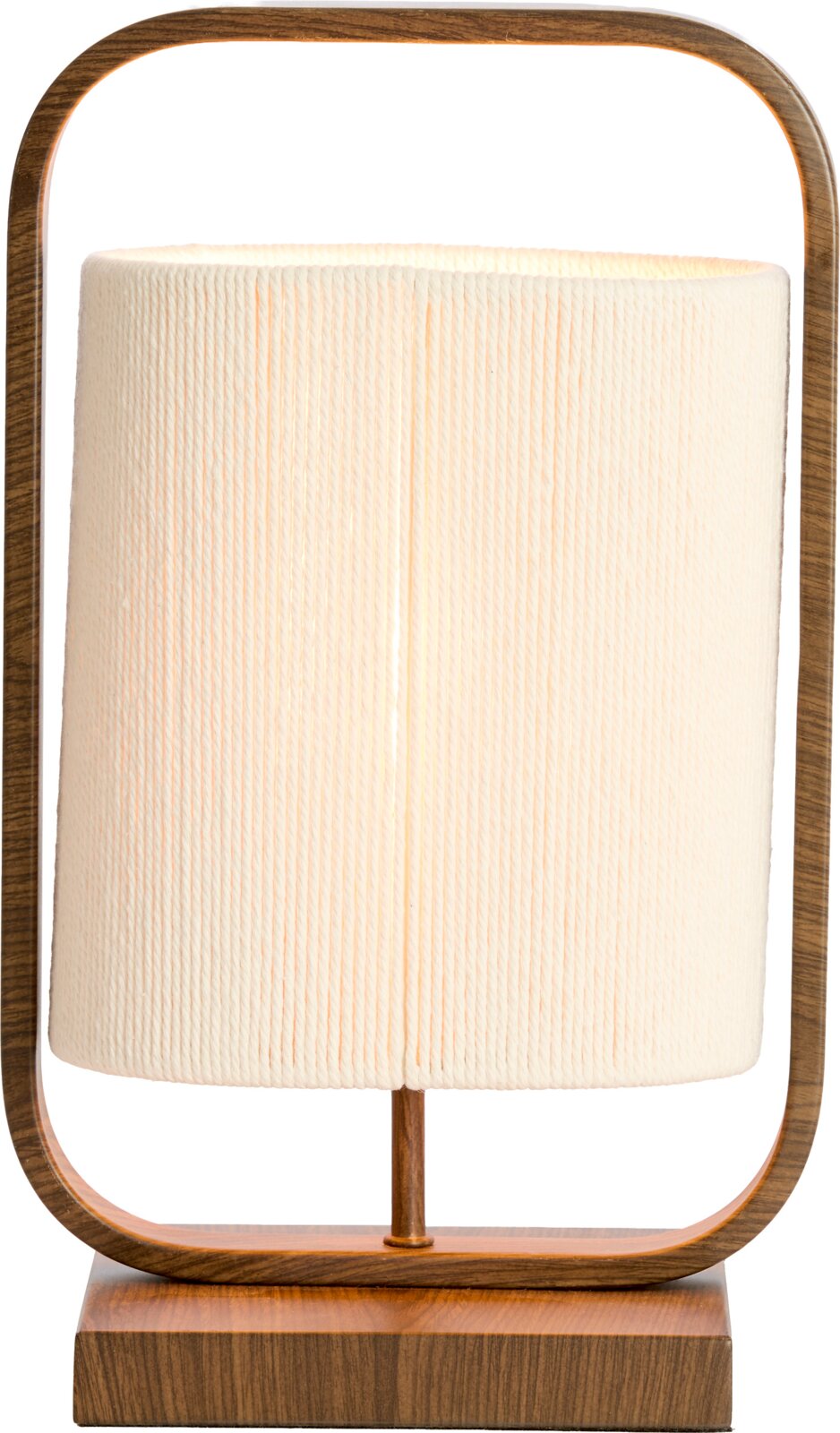 Moderne tafellamp met warmbruine houtlook, afgerond rechthoekig frame en crèmekleurige cilindervormige kap, recht van voren gezien