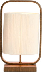 Moderne tafellamp met warmbruine houtlook, afgerond rechthoekig frame en crèmekleurige cilindervormige kap, recht van voren gezien