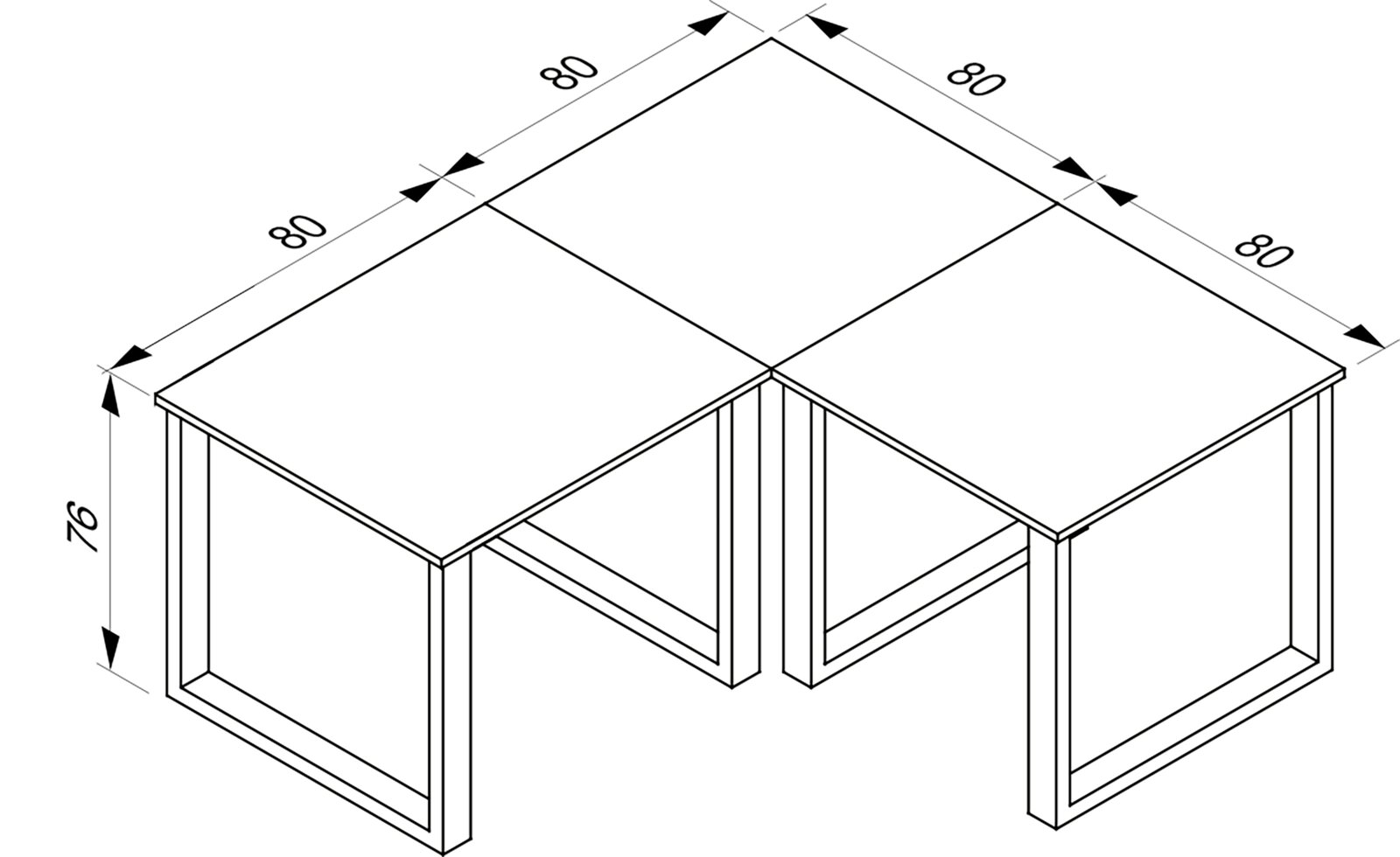 Technische Zeichnung eines quadratischen Tischsets aus vier Einzeltischen mit offenen Kufengestellen, jeweils 80 × 80 cm groß und 76 cm hoch, in isometrischer Perspektive von schräg oben.