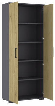 Moderner Aktenschrank mit Holz- und Metallelementen, geöffnete Türen, seitliche Perspektive