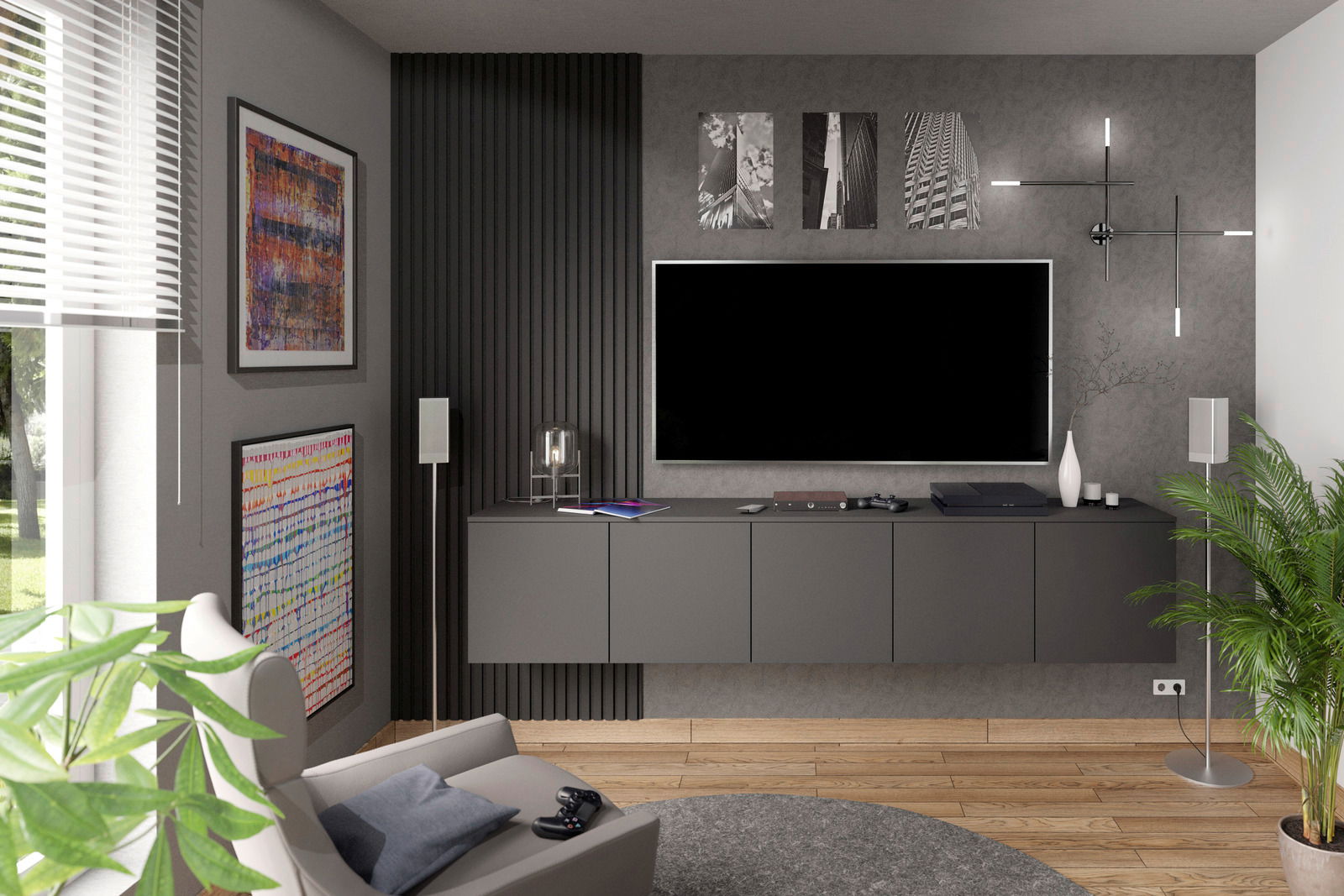 Modernes Wohnzimmer mit grauem Dekopaneel-Set an der Wand, stilvoller Einrichtung und Pflanzen, seitliche Perspektive.