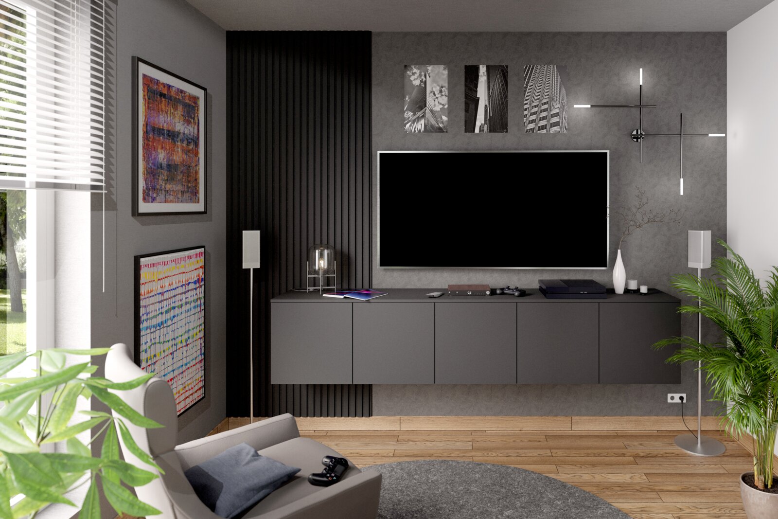 Modernes Wohnzimmer mit grauem Dekopaneel-Set an der Wand, stilvoller Einrichtung und Pflanzen, seitliche Perspektive.