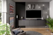 Modernes Wohnzimmer mit grauem Dekopaneel-Set an der Wand, stilvoller Einrichtung und Pflanzen, seitliche Perspektive.