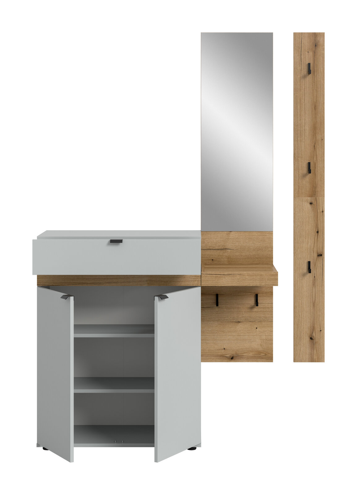 Badezimmer-Waschtisch mit geöffneten Türen, grauer Front und Holzoptik-Akzenten, daneben hoher Spiegel mit Holzpaneel und Hakenleiste; Frontansicht.