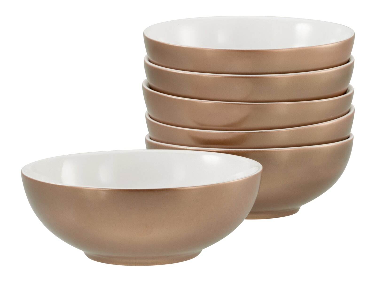 Creatable Müslischalen 6-tlg GOLDEN DAYS Stapel aus fünf beigefarbenen Keramikschalen mit weißer Innenglasur, eine Schale vorne separat, Seitenansicht leicht von oben vor weißem Hintergrund
