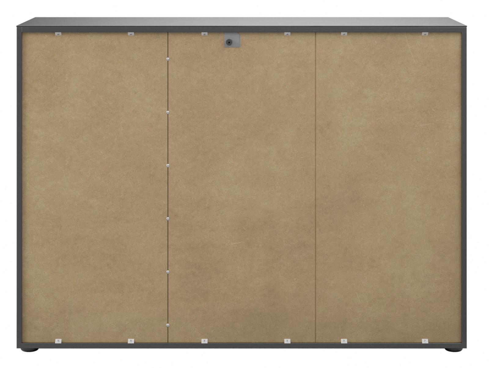 Rückansicht eines Sideboards mit drei großen, glatten Paneelen in Holzoptik und einem schlichten, modernen Design.