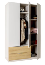 Offener Kleiderschrank in Weiß mit zwei Holzoptik-Schubladen, Kleiderstange und mehreren Fächern, befüllt mit Kleidung und Aufbewahrungsboxen, Frontansicht leicht schräg von vorn