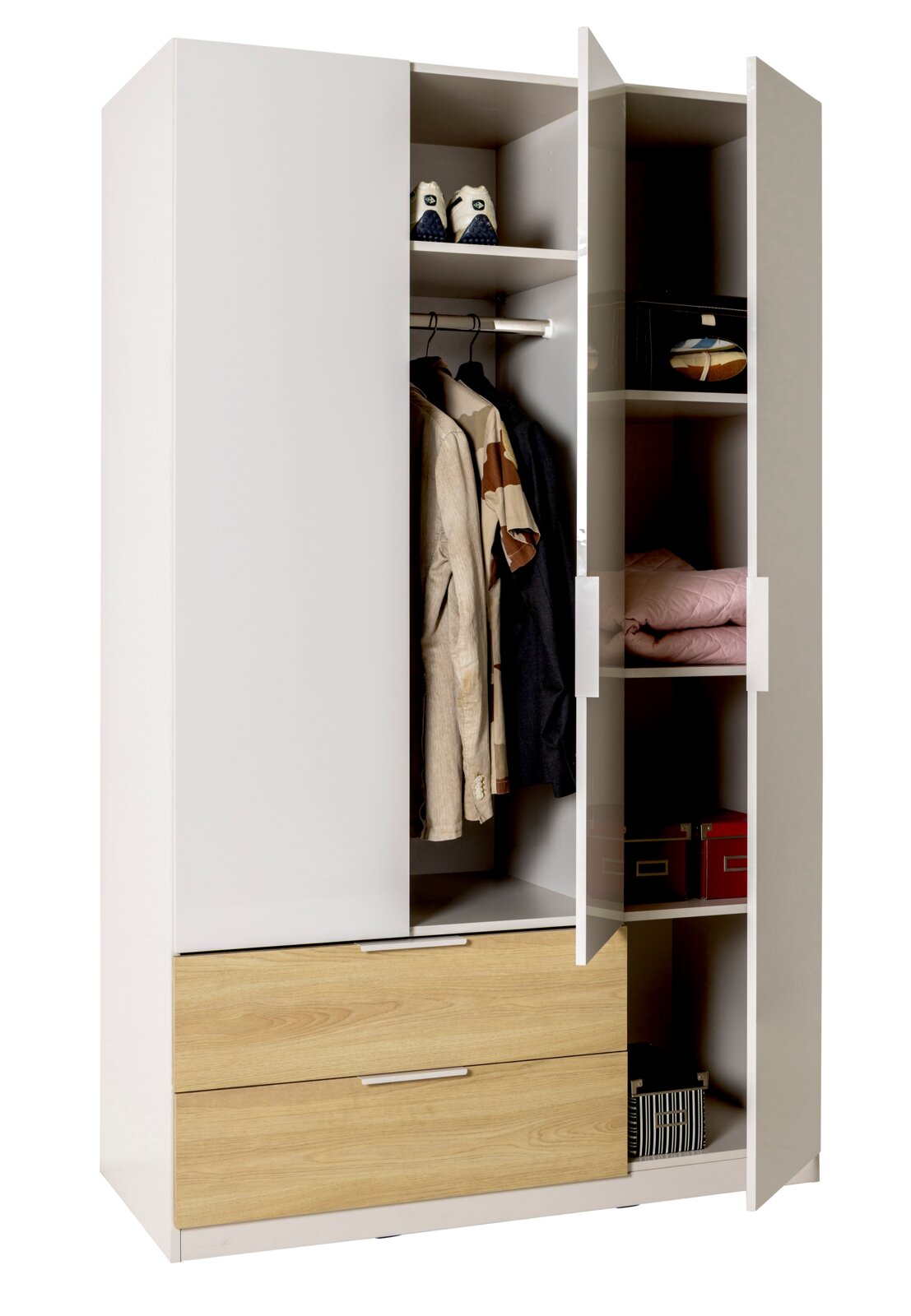 Offener Kleiderschrank in Weiß mit zwei Holzoptik-Schubladen, Kleiderstange und mehreren Fächern, befüllt mit Kleidung und Aufbewahrungsboxen, Frontansicht leicht schräg von vorn