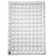 Vogelperspektive auf eine weiße, gesteppte Sommerdecke aus Wildseide, Modell Superlight Sari von billerbeck, Größe 135x200 cm.