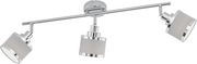 Moderner Deckenstrahler mit drei verstellbaren Leuchten in silberner Optik, seitliche Perspektive