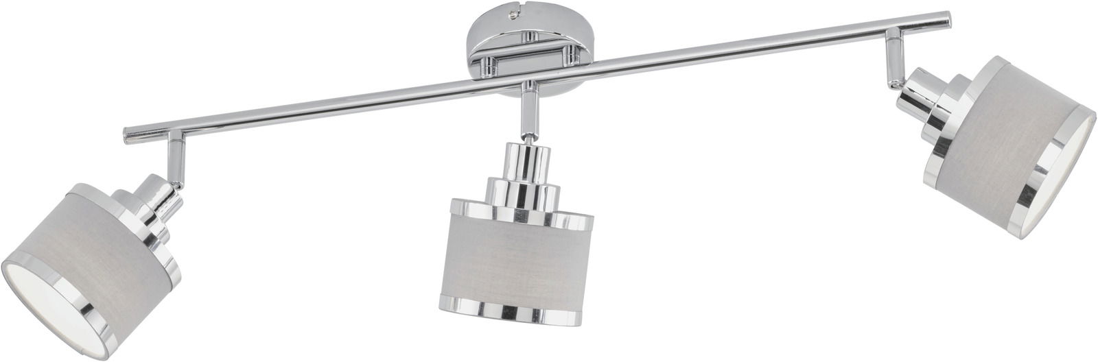 Moderner Deckenstrahler mit drei verstellbaren Leuchten in silberner Optik, seitliche Perspektive