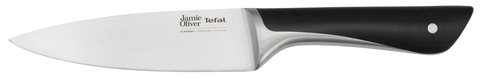 Küchenmesser mit schwarzem Griff und Klinge aus eisgehärtetem deutschem Stahl, seitliche Ansicht.