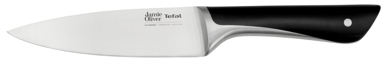 Küchenmesser mit schwarzem Griff und Klinge aus eisgehärtetem deutschem Stahl, seitliche Ansicht.