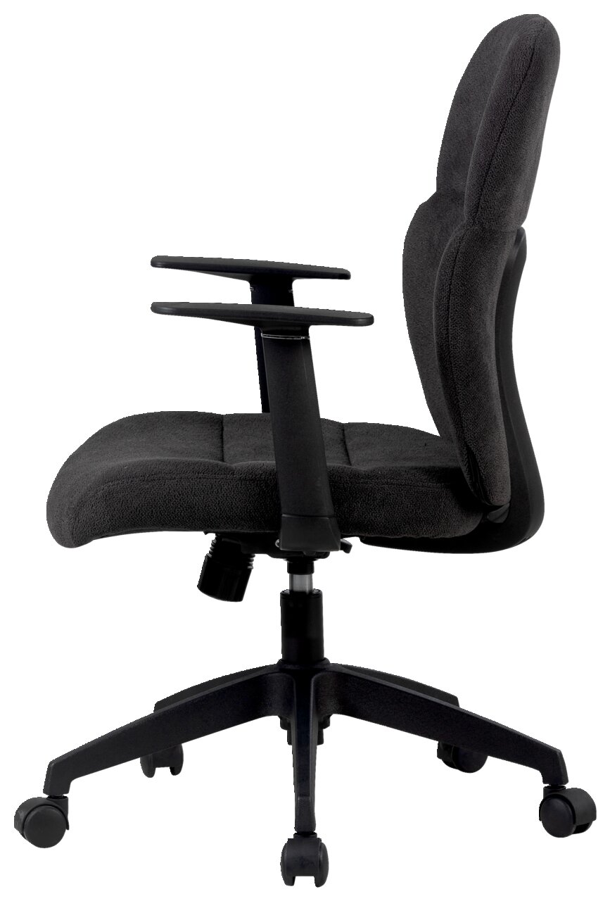 Schwarzer Drehstuhl mit Armlehnen, seitliche Ansicht