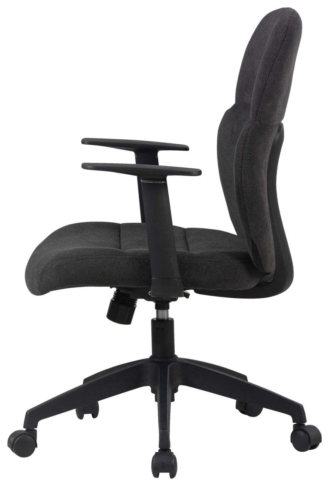 Schwarzer Drehstuhl mit Armlehnen, seitliche Ansicht