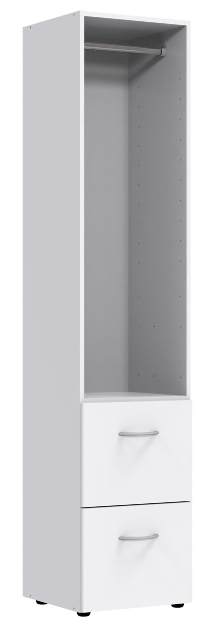 Weißes Regal mit zwei Schubladen und einer Kleiderstange, frontal betrachtet.