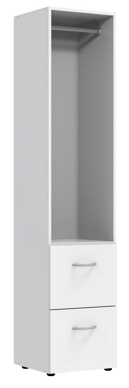 Weißes Regal mit zwei Schubladen und einer Kleiderstange, frontal betrachtet.