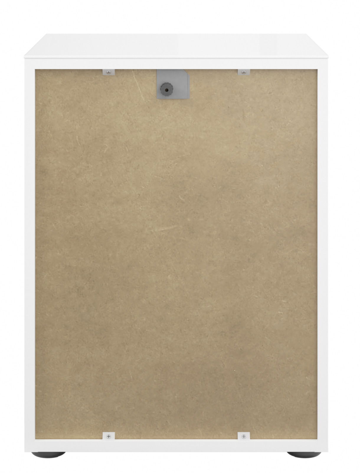 Rückansicht einer weißen Nachtkommode mit einer Rückwand aus Holzfaserplatte.