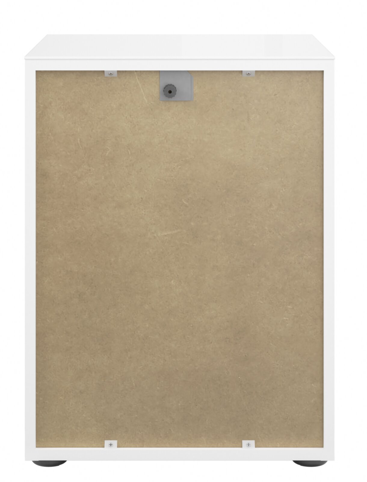 Rückansicht einer weißen Nachtkommode mit einer Rückwand aus Holzfaserplatte.