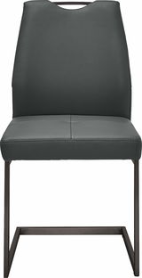 Moderner Schwingstuhl mit dunkelgrauem Lederbezug und schwarzem Metallgestell, Frontalansicht