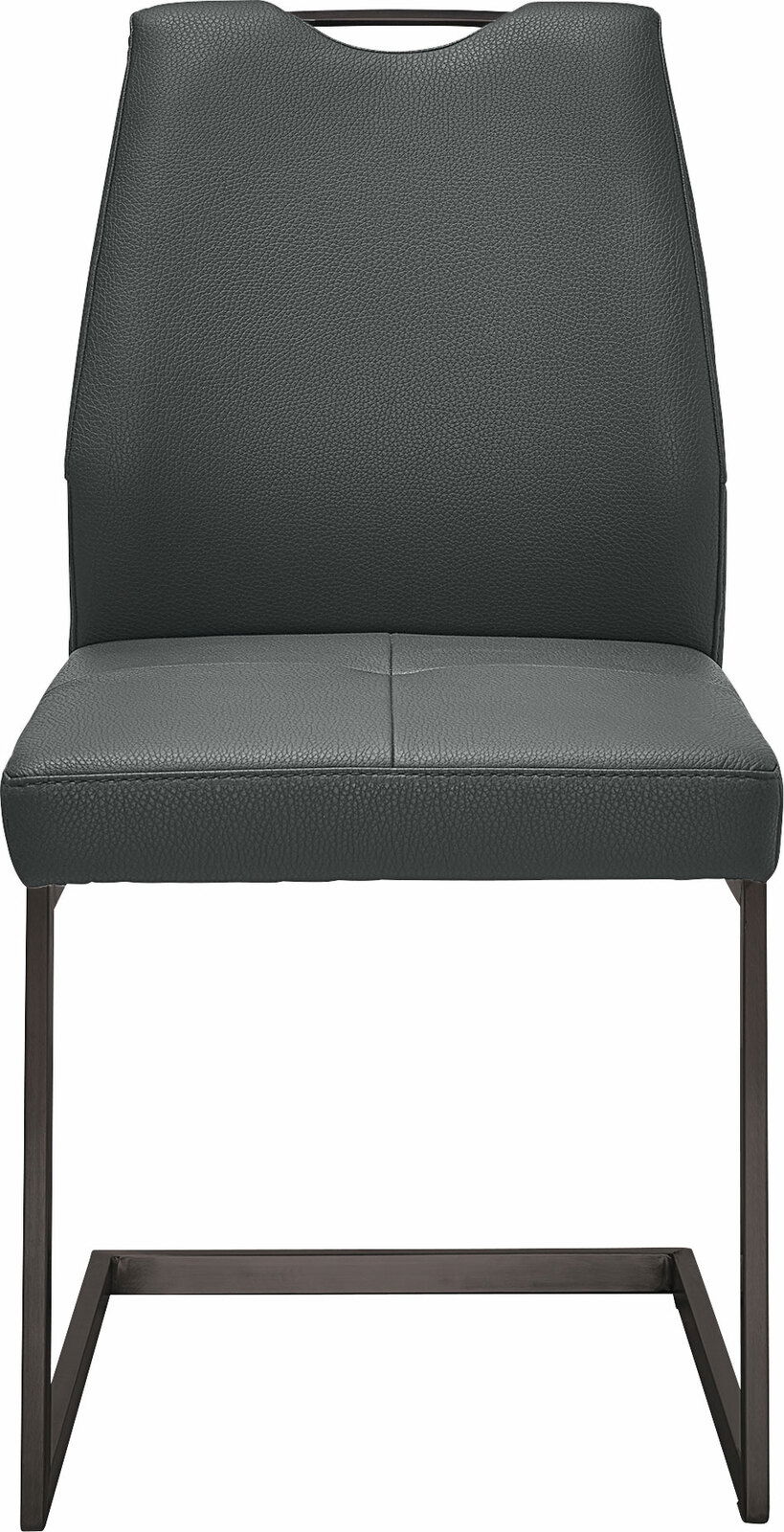 Moderner Schwingstuhl mit dunkelgrauem Lederbezug und schwarzem Metallgestell, Frontalansicht